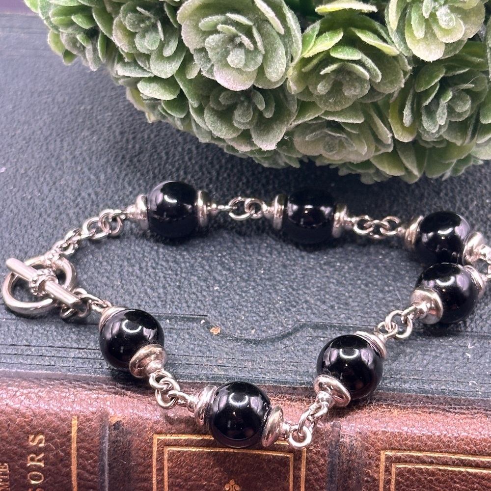 Elegant Black Onyx and Sterling Silver Beaded Bracelet